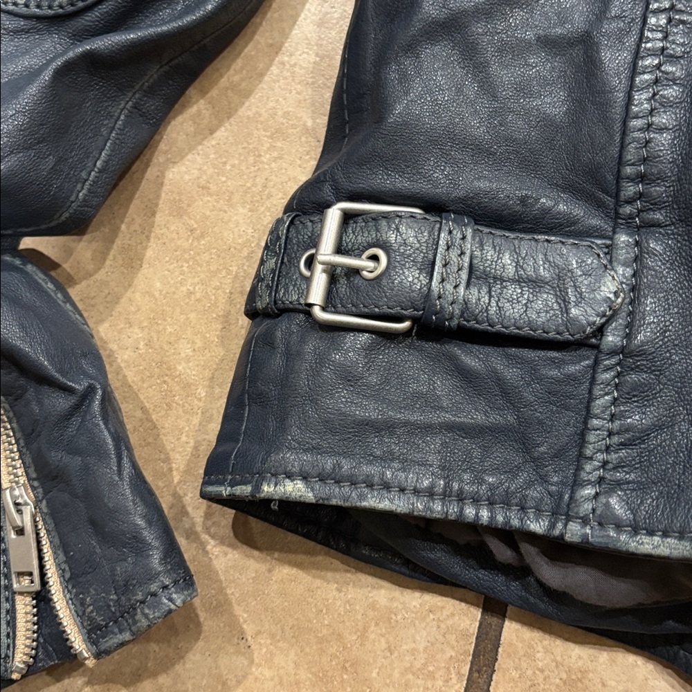 Mauritius Blue Navy Leather Moto Jacket - Picture 7 of 9
